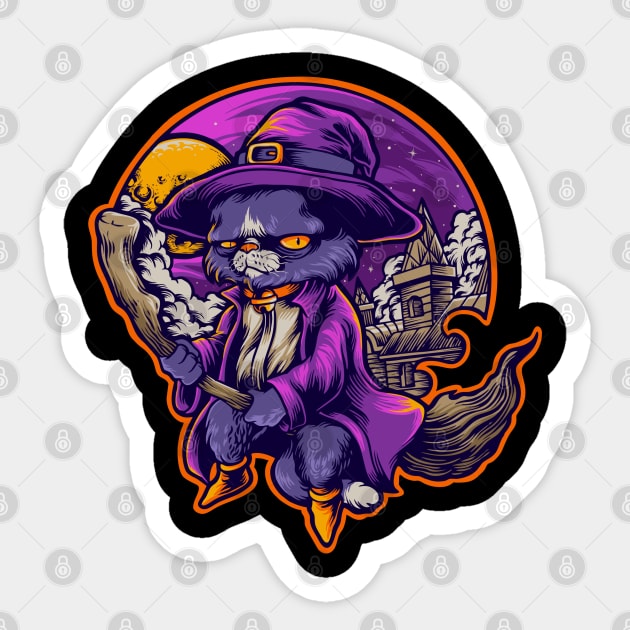 Cat Witch Flying on a Broom Halloween Theme Design Sticker by FilsonDesigns